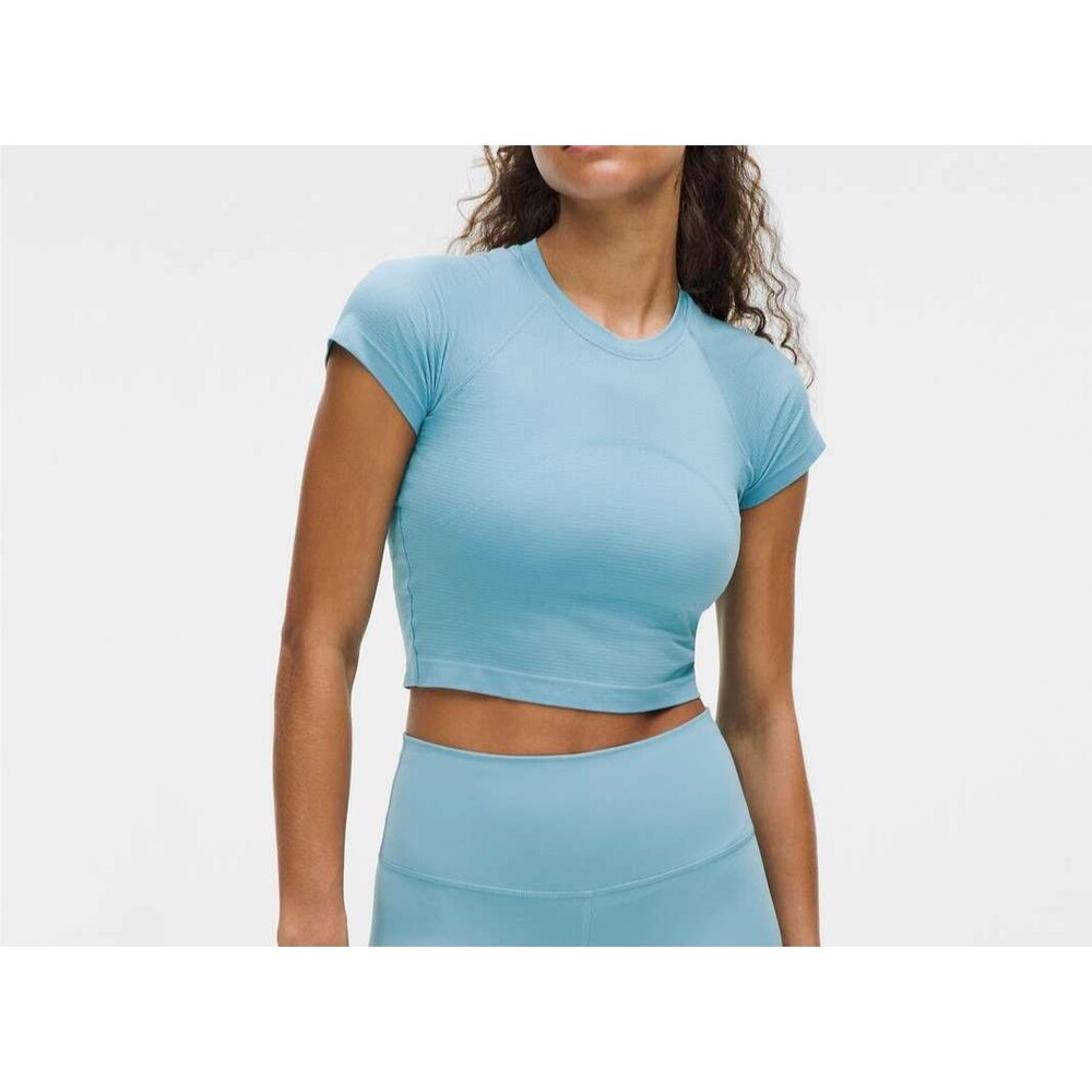 Lululemon Swiftly Tech Cropped Shirt Womens 2 Washed Blue Short Sleeve Running